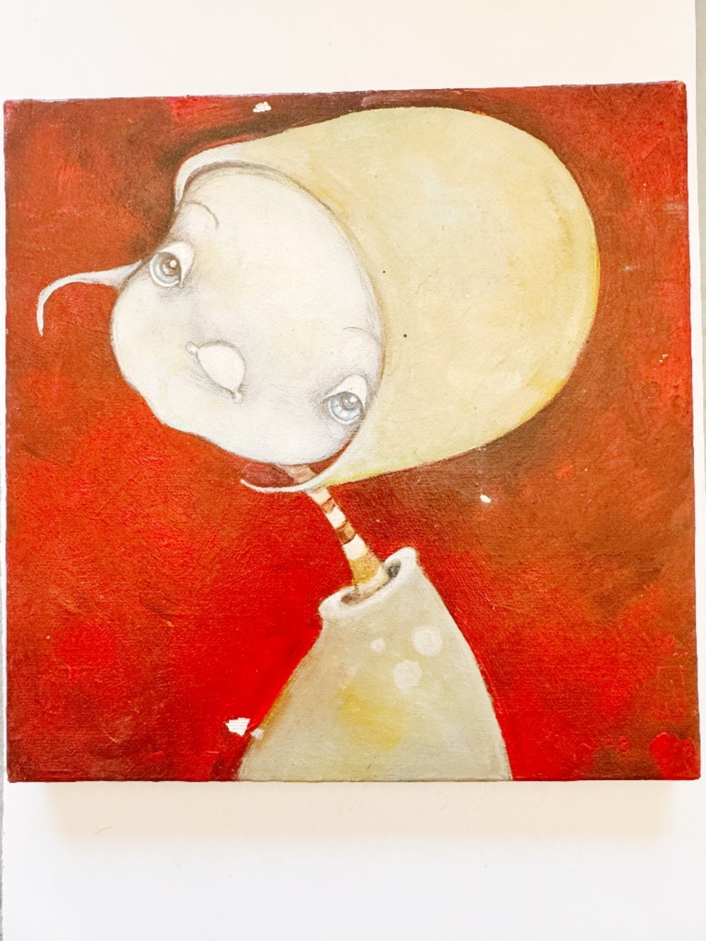Vintage 2008 Original Whimsical Surreal Art Painting Canvas 10" x 10" Signed